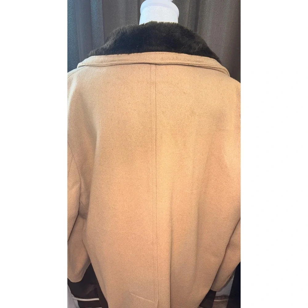 Woolrich Wool Men's 1980's Blend Long Coat Size 44 Camel Brown Faux Fur Overcoat